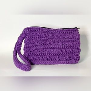 Handmade Crochet Purple Purse Wristlet Clutch with Strap and Zipper Closure